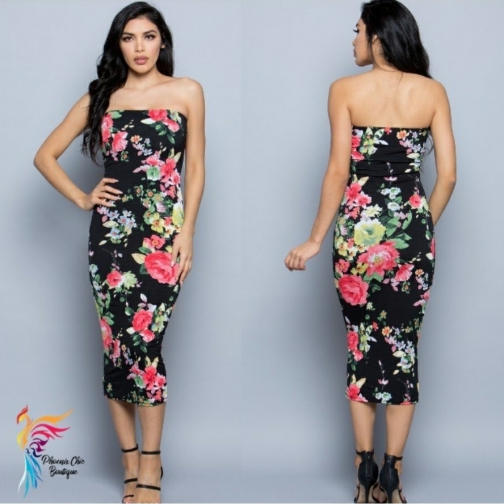 Floral Print Midi Strapless Dress